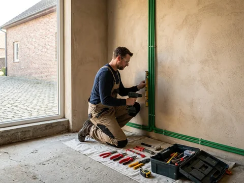 Electricien installant une borne de recharge murale dans un garage